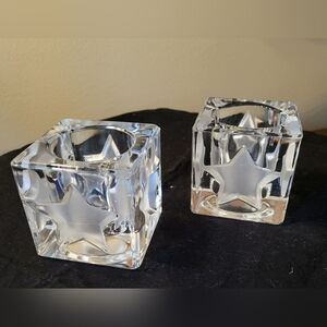 2 - MCM Heavy Crystal Art Glass Votive Candle Holders Etched Star Cube Design